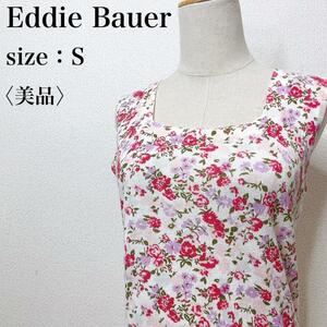 【美品】Eddie Bauer エディーバウアー コットン100％ フェミニン 花柄ノースリーブトップス ストレッチ 可愛い スクエアネック そ37