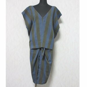 良品 ISSEY MIYAKE イッセイミヤケ 一筆タグ ストライプ リネン×コットン カットソー スカート セットアップ ネイビー×カーキ ◆