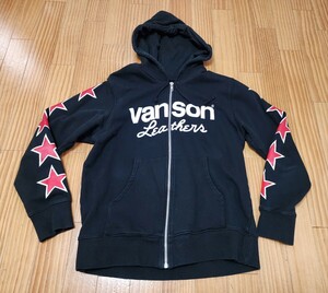 即決 早い者勝ち【VANSON/バンソン】 ジップアップフードパーカー 黒 両袖には五つ星/ 背中に赤星 フードにオーバルロゴ 豪華仕様 