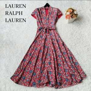 極美品 LAUREN RALPH LAUREN ローレンラルフローレン マキシ ワンピース ドレス ロング フレア Aライン ドレープ 花柄 総柄 リボン ベルト