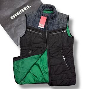 新品タグ付/DIESEL 37 ディーゼル ダウンベスト ロゴエンブレム ブレイブマン デニム切替 アウター ブルゾン 裏地グリーン 黒 ブラック M位