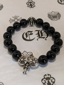 CHROME HEARTS/ クロムハーツ CH クロス ビーズ 数珠 ブレスレット ブラック 18cm