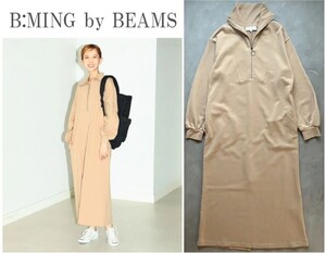 B:MING by BEAMS ビームス 23AW ハーフジップ裏毛ワンピース ロングシーズン楽しめる大人のスウェットワンピ ポケット付き 洗濯可 BEG M