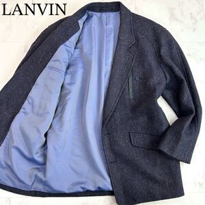 ほぼ未使用★幻の圧巻美色パープル紫★XL★LANVIN ランバン【光沢感を羽織る】レザー革 最高級立体凹凸ニットツイードテーラードジャケット