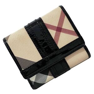 バーバリー Wホック 財布 ベージュ ブラック チェック 美品 ダブル PVC パテント レザー 中古 BURBERRY