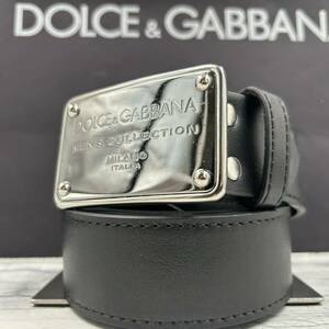 【美品/最高級】DOLCE&GABBANAドルチェ&ガッバーナ D&G ドルガバ ベルト シルバープレート レザー ブラック 黒 ビジネス メンズ 4cm幅