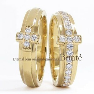 指輪 結婚ペアリング 2本セット ｋ10 マリッジリング ダイヤモンド 10金 ゴールド クロス 十字架 男女兼用 レディース