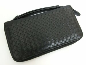 ボッテガヴェネタ/Bottega Veneta：イントレチャート オーガナイザー ラウンドファスナー 長財布 169730 ブラック トラベルウォレット 中古