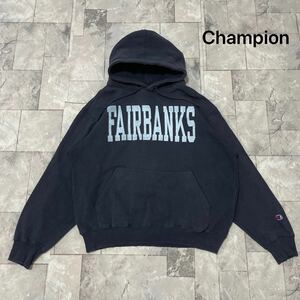 Champion チャンピオン sweat hoodie スウェットパーカー ビッグプリントロゴ FAIRBANKS スーベニア ネイビー サイズL 玉FL3814