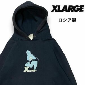 ★ロシア製 X-Large エクストララージ プリント フーディー パーカー ネイビー サイズ約L★ストリート stussy supreme ビンテージ