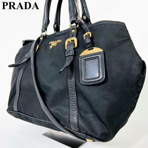 1円【美品】PRADA プラダ 2way ショルダーバッグ ハンドバッグ クロスボディ 斜め掛け 肩掛け ゴールド金具 ナイロン 黒 白タグ 正規品 A4