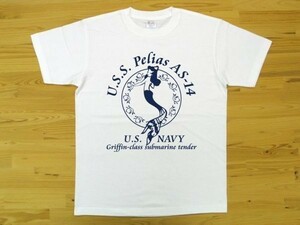 U.S.S. Pelias AS-14 白 5.6oz 半袖Tシャツ 紺 S ミリタリー 米海軍艦艇 グリフィン級潜水母艦 ペリアス U.S. NAVY 人魚