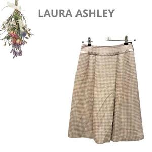 【ローラアシュレイ】ひざ下丈フレアスカート 千鳥格子 タック ベージュ 日本製 LAURA ASHLEY Collection