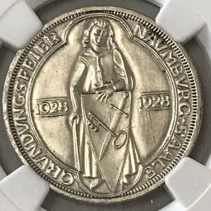 ★1928 ドイツ　ワイマール共和国　3ライヒスマルク銀貨　NGC UNC DETAILS CLEANED