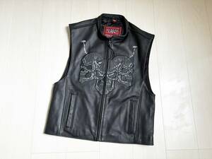 レア first racing ファースト レーシング ベスト レザー スカル ドクロ 刺繍 S 黒 ブラック 本革 バイク RARE LEATHER VEST SKULL △6