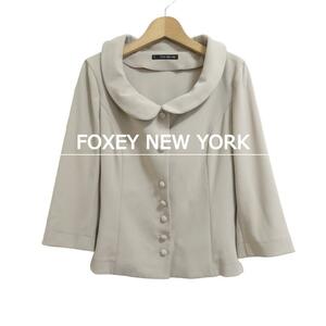 美品 FOXEY NEW YORK フォクシーニューヨーク サイズ40 2WAY 襟付き 七分袖 シングル ジャケット ノーカラージャケット ベージュ