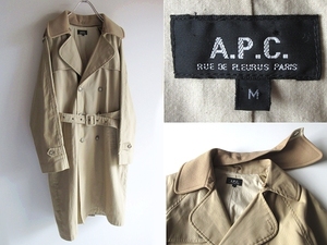 希少 フランス製 90sビンテージ A.P.C. アーペーセー 取外可ウールメルトン襟 二重衿 ベルト付 コットン ダブル トレンチコート M ベージュ