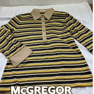 美品◆ Mc GREGOR ◆七分袖 シャツ カットソー Mサイズ 黄色 x ブラウンｘベージュ x グリーン x黒 ボーダー柄 ◆マクレガー ◆ レディース