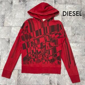 DIESEL ディーゼル sweat hoodie スウェットパーカー ビッグロゴ 総柄 プルオーバー レッド サイズL 玉FL3459