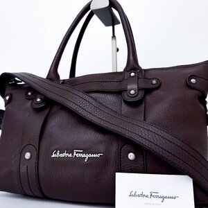 1円■超美品■超希少デザイン■Salvatore Ferragamo フェラガモ 2way ロゴ金具 トートバッグ ビジネス 大容量 A4 メンズ レザー ブラウン