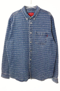 シュプリーム SUPREME 20SS JACQUARD LOGOS DENIM SHIRT M ジャガード ロゴ デニム シャツ 長袖 刺繍 総ロゴ 【ブランド古着ベクトル】☆AA