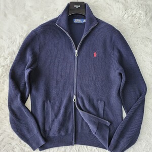 美品 実寸XL相当 Polo Ralph Lauren ドライバーズニット ラルフローレン ポニー 刺繍ロゴ メンズ ブルゾン ジャケット ダブルジップ 紺色