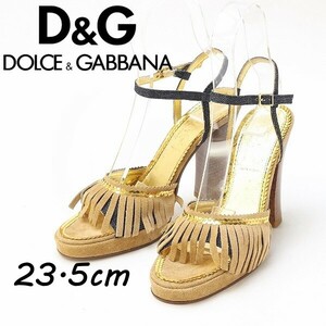 ◆D&G ドルチェ&ガッバーナ スパンコール装飾 フリンジ スエード & デニム ストラップ ヒール サンダル ゴールド 37