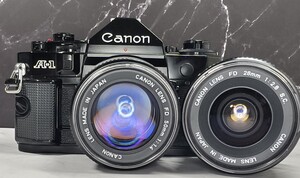 【終活整理】 Canon A-1＋NEW FD 50mm f1.4＋FD 28mm f2.8 大口径単焦点2本セット 各動作良好 露出計OK 持病シャッター鳴き無し フィルム