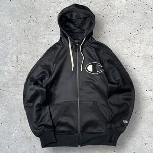 ★BIGロゴ&Cロゴ★Champion ジップアップパーカー sizeL ブラック系 ラグランスリーブ 裏起毛 チャンピオン 古着 クリーニング プレス済み