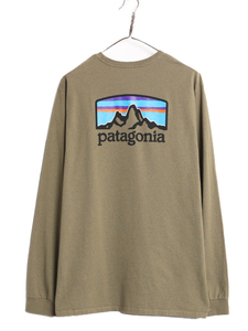 パタゴニア 両面 プリント 長袖 Tシャツ メンズ L 古着 Patagonia ロンT アウトドア グラフィック イラスト アート ロングスリーブ カーキ