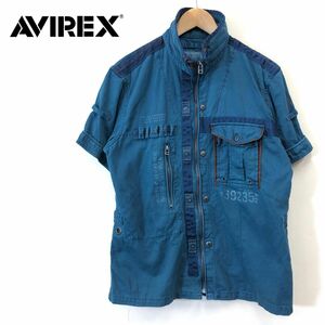 R697-F-N◆ AVIREX アヴィレックス 半袖ミリタリーシャツ フルジップ ◆ sizeL コットン100 ブルー 青 古着 メンズ 春夏