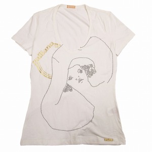 ジョン ガリアーノ John Galliano ビーズ ロゴ プリント Uネック Tシャツ カットソー 半袖 ストレッチ M ホワイト レディース