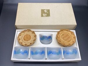 石塚硝子 「水都」スーフル冷茶 竹製茶托 冷茶セット ADERIA GLASS JAPAN ブルー アデリアグラス グラス 長期保管品 ☆ちょこオク☆80