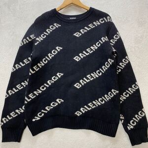 【極美品・最高峰】 BALENCIAGA バレンシアガ メンズ クルーネック 総柄 ジャガードロゴ ニット セーター ブラック Mサイズ