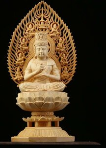 極上品/綺麗 総檜材　仏教工芸品　木彫仏教　精密彫刻　仏師で仕上げ品 大日如来座像 高約28cm