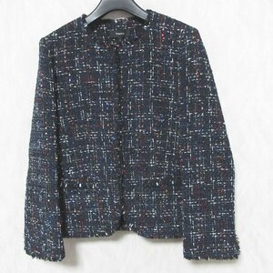 新品同様 セオリー MULTI TWEED FEMININE SLIM JKT ノーカラー ツイードジャケット 2 ネイビー ◆