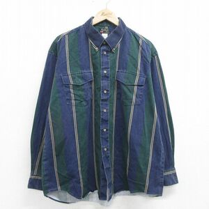 XL/古着 長袖 ウエスタン シャツ メンズ 90s 大きいサイズ コットン ボタンダウン 緑他 グリーン ストライプ 24jan22 中古 トップス