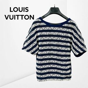 高級 LOUIS VUITTON ルイヴィトン 14SS モノグラム レース刺繍 シルク切替 ボーダー カットソー レディース