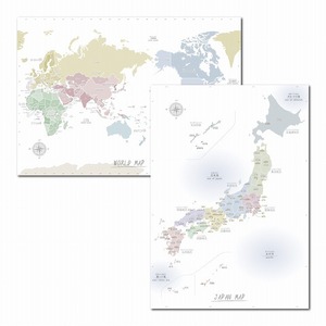 お風呂ポスター 日本地図・世界地図の2枚セット A2サイズ(420×594mm) パステル【日本製 学習ポスター】