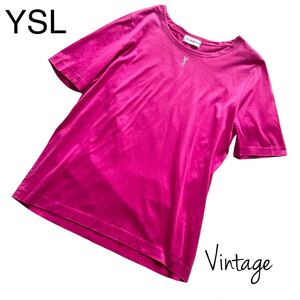 Yves Saint Laurent イヴサンローラン　ヴィンテージ Tシャツ　M カシスピンク　ビジュー　ロゴ　送料無料