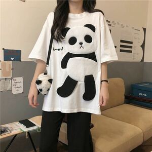 Tシャツ ビッグシルエット 半袖 トップス カットソー パンダ シャツ オーバーサイズ レディース デザイン L 白 ホワイト