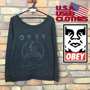 SD10-713★アメリカ買付商品★【OBEY オベイ】ビッグロゴ ボートネック スウェットシャツ【レディース S】濃灰 トレーナー USA古着