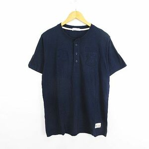 ハッシュパピー Hush Puppies Tシャツ カットソー 半袖 ヘンリーネック ロゴ ワッペン コットン L ネイビー ※EKM メンズ