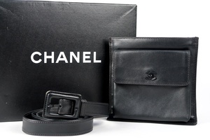 【美品】CHANEL シャネル ラムスキン ターンロック ソーブラック 95/38 ウエストポーチ バッグ 小物入れ【PR25】