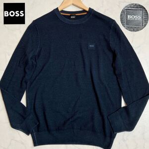 美品/Lサイズ●ヒューゴボス ニット セーター 近年 HUGO BOSS ストレッチ 凸凹 ワッフル風 ロゴワッペン ネイビー メンズ ロンT 長袖 薄手