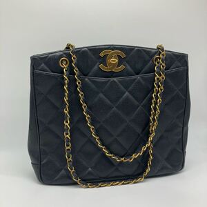 美品 CHANEL シャネル キャビアスキン デカココマーク チェーントートバッグ チェーンショルダー マトラッセ ブラック