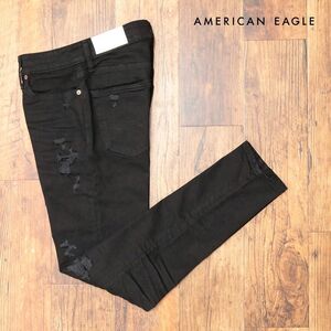 AMERICAN EAGLE/32インチ/ダメージ デニムパンツ 0114-6663 ストレッチ◎ スキニー ロック クラッシュ 新品/黒/ブラック/ih259/