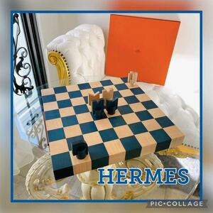 ●極美品！展示品●HERMES ホースカット チェス セット 大 ナチュラル ウッド グリーン チェス盤 ボードゲーム エルメス レア 海外限定