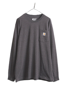 カーハート ポケット付き 長袖 Tシャツ メンズ L / 古着 CARHARTT ロンT ワンポイント ポケT ロゴT ヘビーウェイト クルーネック ワーク 灰