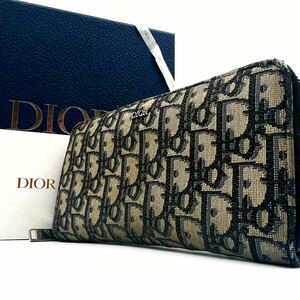 DIOR ディオール 長財布 ロングウォレット トロッター オブリーク ジャカード ラウンドファスナー ネイビー ベージュ キャンバス